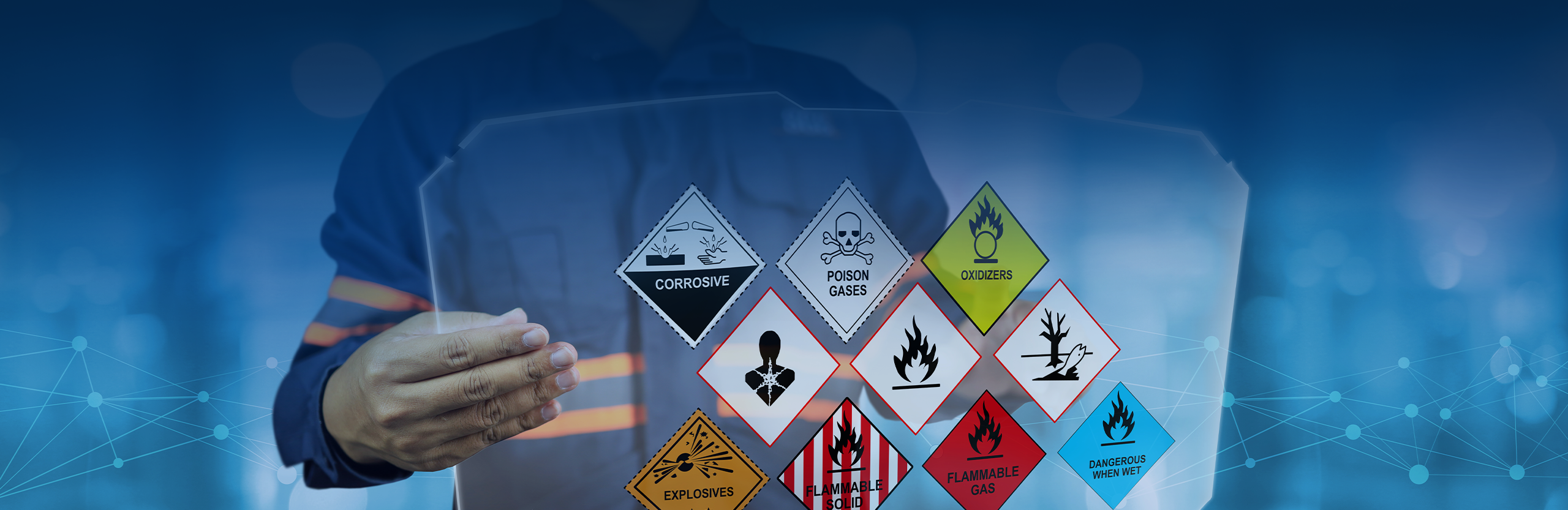 Man holding sheet with specialty hazmat and non-hazmat chemical labels