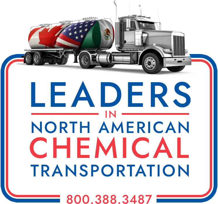 Tanker with Canada/USA flag trailer wrap above LEADERS IN NORTH AMERICAN CHEMICAL TRANSPORTATION and DSN phone number #800.388.3487